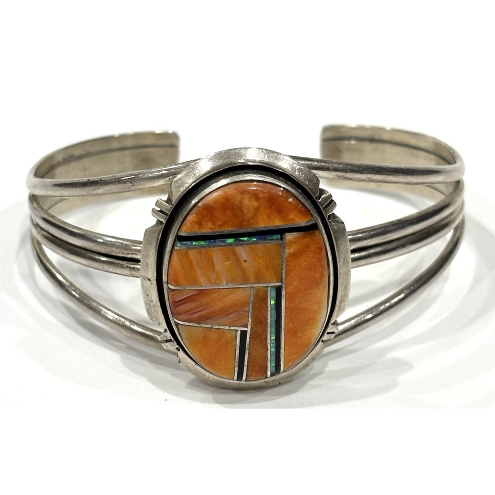P.A. Smith Sterling Silver Spiny Oyster Opal Inlay Cuff Bracelet Navajo 27g